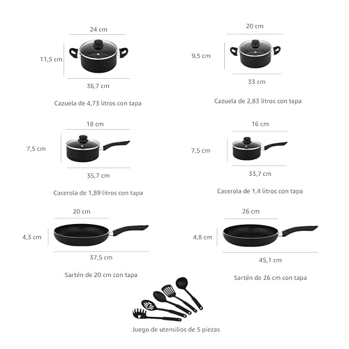 Juego de Utensilios de Cocina Antiadherentes, 15 Piezas, Negro