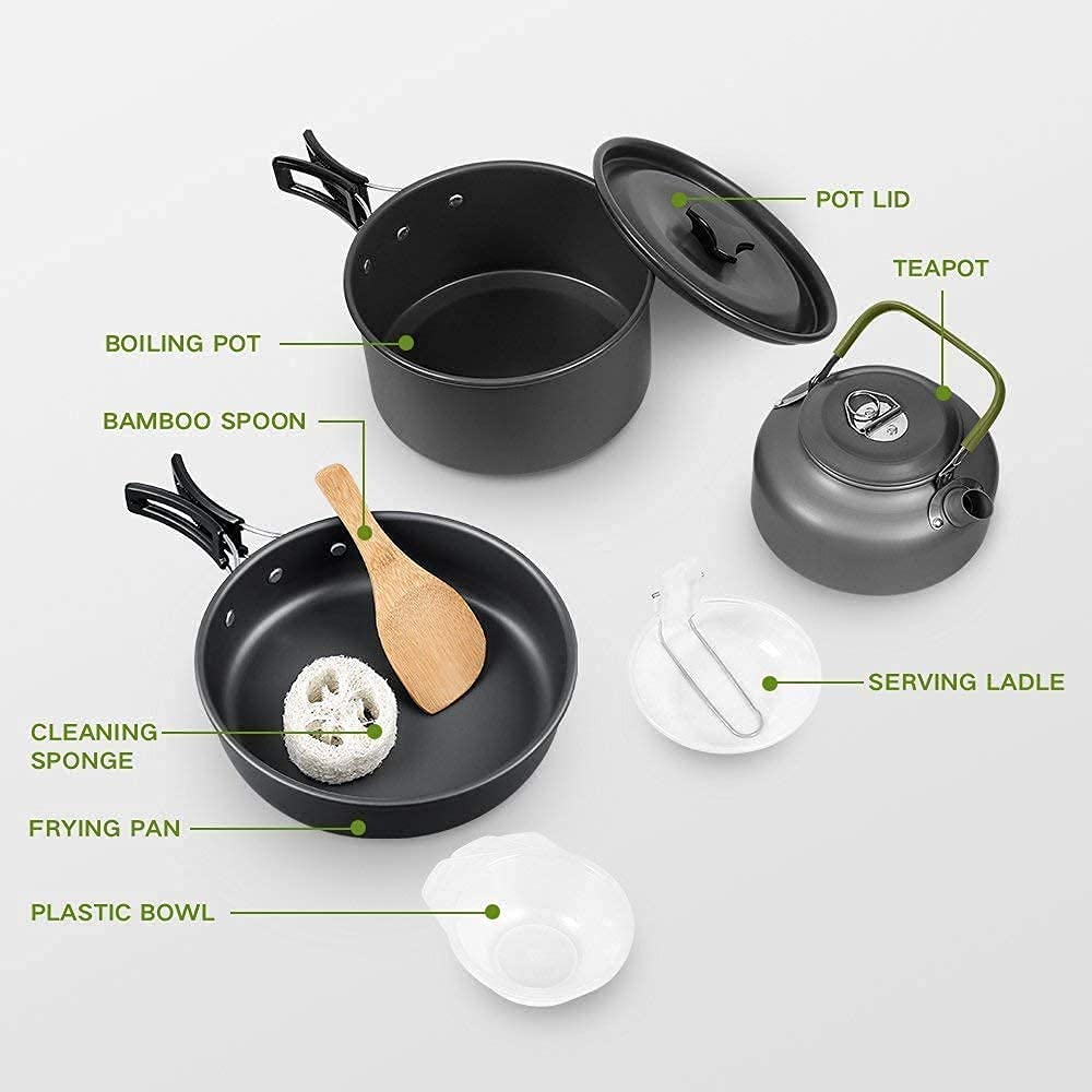 Qtiwe Utensilios de Cocina para Acampar (Camping Cookware Outdoor Libre), Ollas de Aluminio Ligero Plegables
