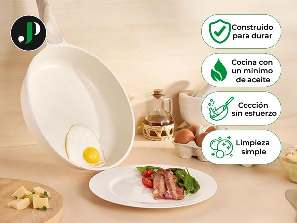JUST PERFECTO Batería de Cocina 15 Piezas, Inducción, Antiadherente, Libre de PTFE/PFOA, Beige