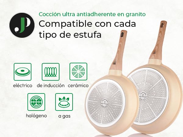 JUST PERFECTO Batería de Cocina 15 Piezas, Inducción, Antiadherente, Libre de PTFE/PFOA, Beige