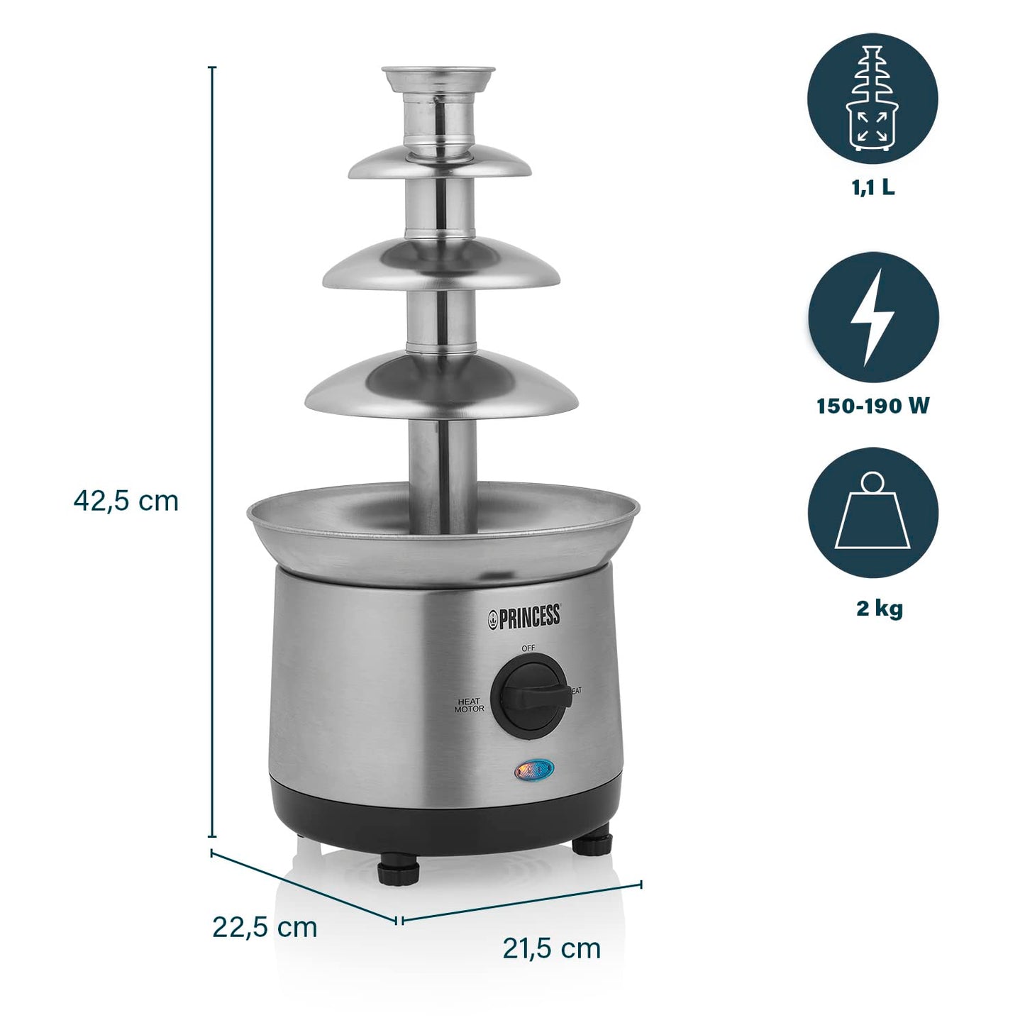 Princess Fuente de Chocolate XXL, 1.1 Litros, 4 Alturas, Acero Inoxidable, 190 W