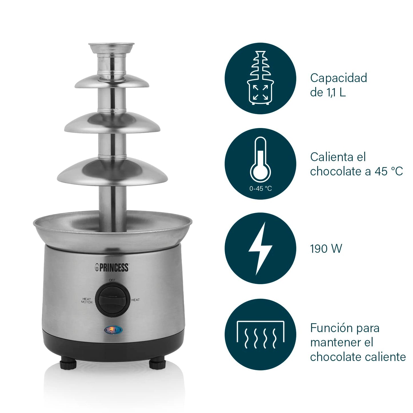 Princess Fuente de Chocolate XXL, 1.1 Litros, 4 Alturas, Acero Inoxidable, 190 W