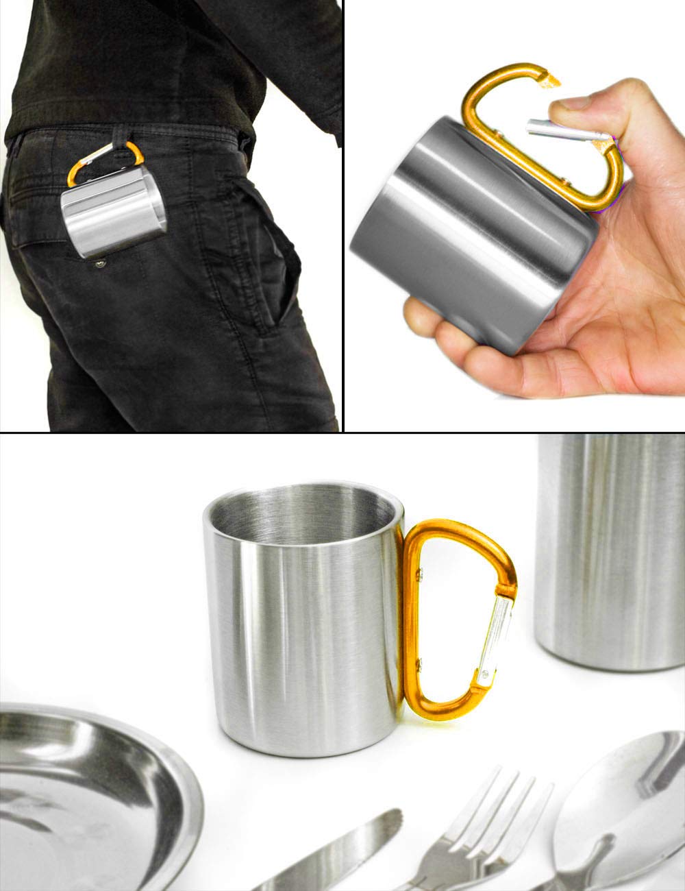 Outdoor Saxx® Taza de Camping Resistente, Acero Inoxidable, Mango de Mosquetón, 250 ml (Plata/Naranja)