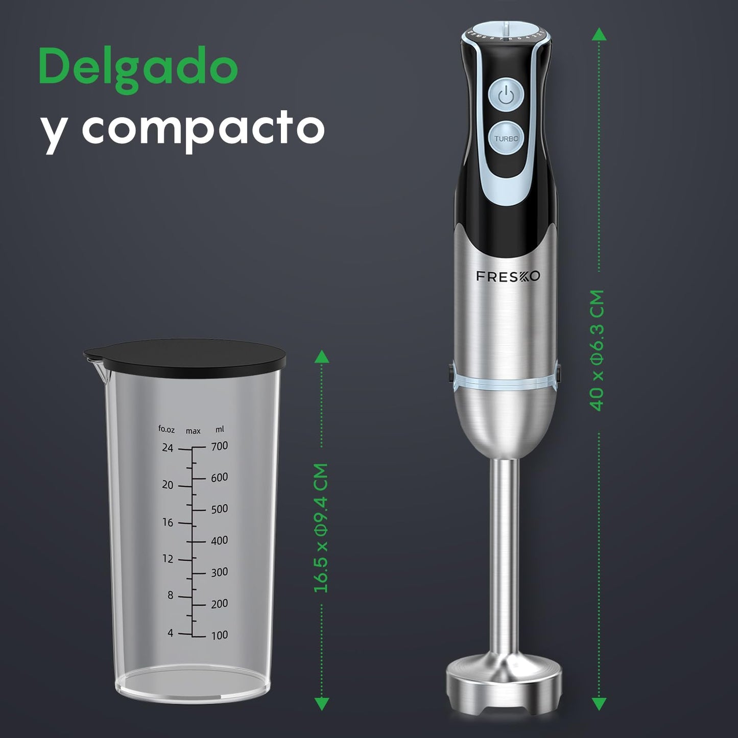 FRESKO Batidora de Mano, 1000W, 12 Velocidades + TURBO, Acero Inoxidable, Incluye Vaso Medidor 700ml