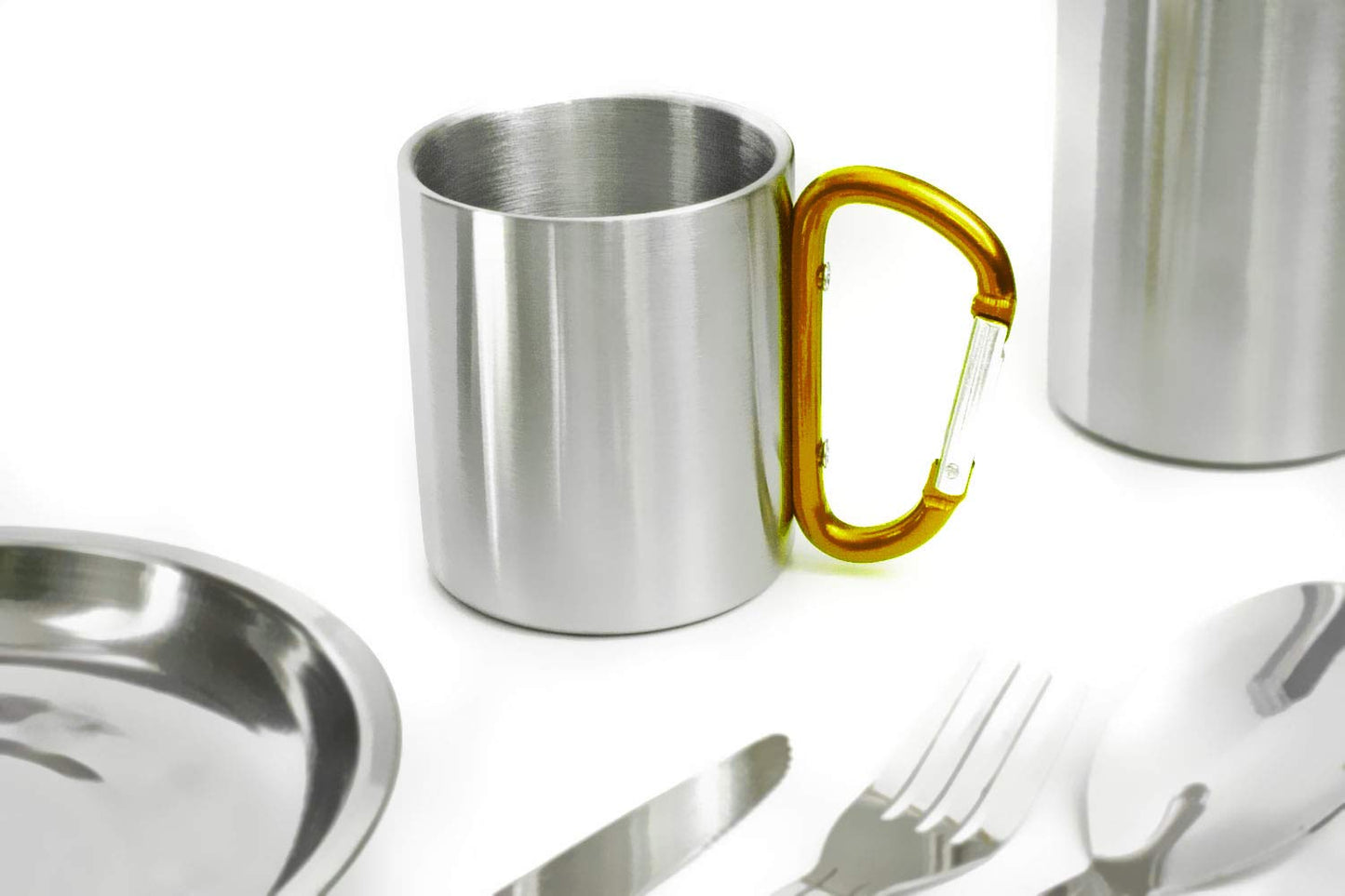 Outdoor Saxx® Taza de Camping Resistente, Acero Inoxidable, Mango de Mosquetón, 250 ml (Plata/Naranja)
