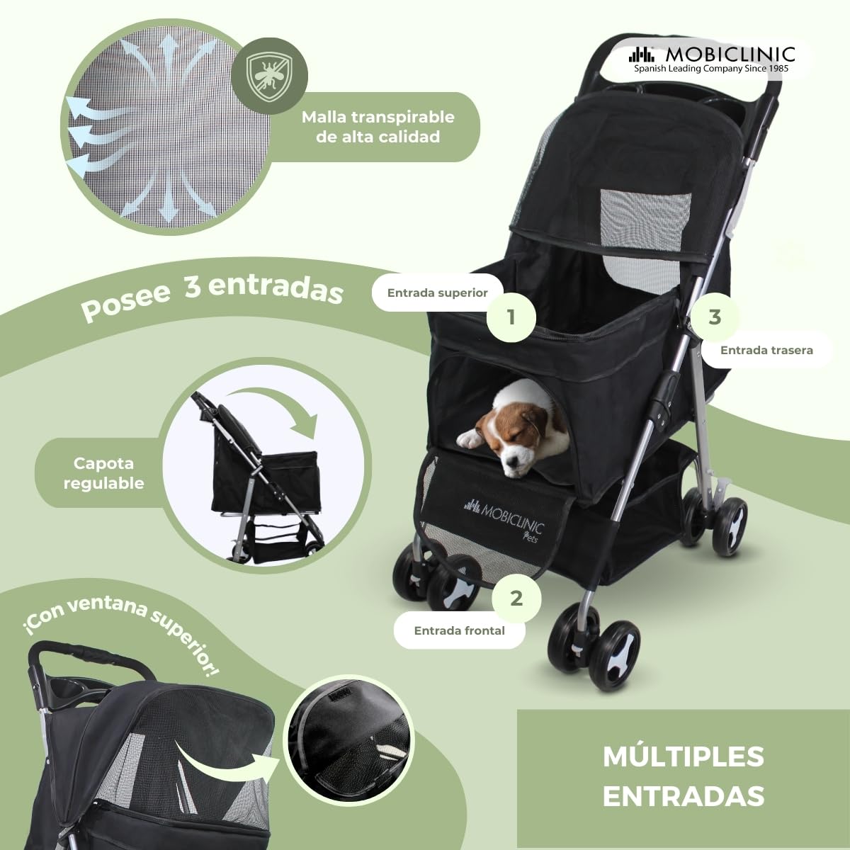 Mobiclinic® pets Carrito Plegable (Zuma), para Perros Pequeños/Senior, Hasta 15 kg, Ruedas 360º con Frenos, Cesta XXL, Negro