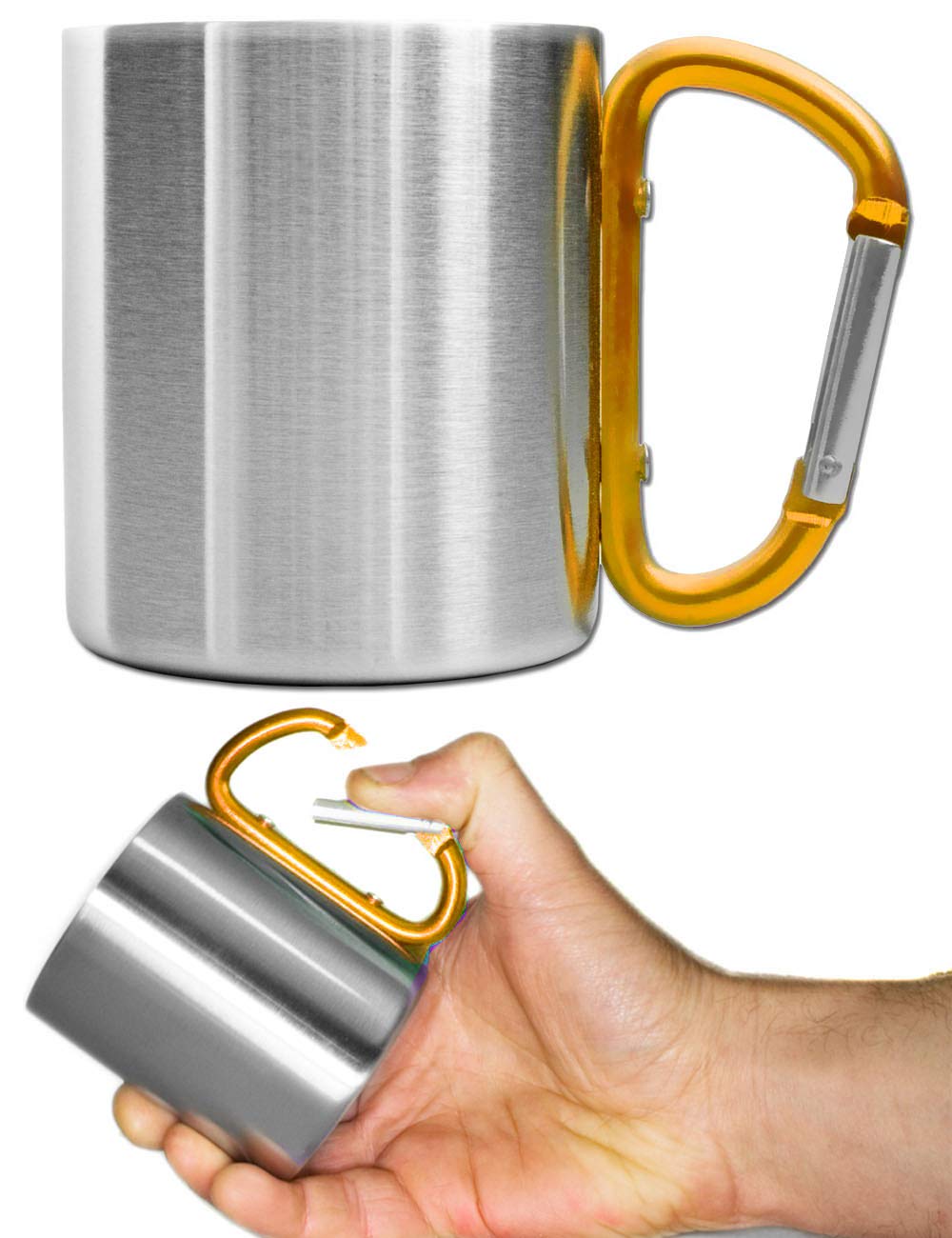 Outdoor Saxx® Taza de Camping Resistente, Acero Inoxidable, Mango de Mosquetón, 250 ml (Plata/Naranja)