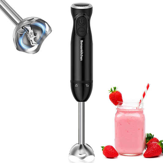 Bonsenkitchen Batidora de Mano, Acero Inoxidable 1000 W, Velocidades Variables, para Sopa, Batidos, Puré, Negro