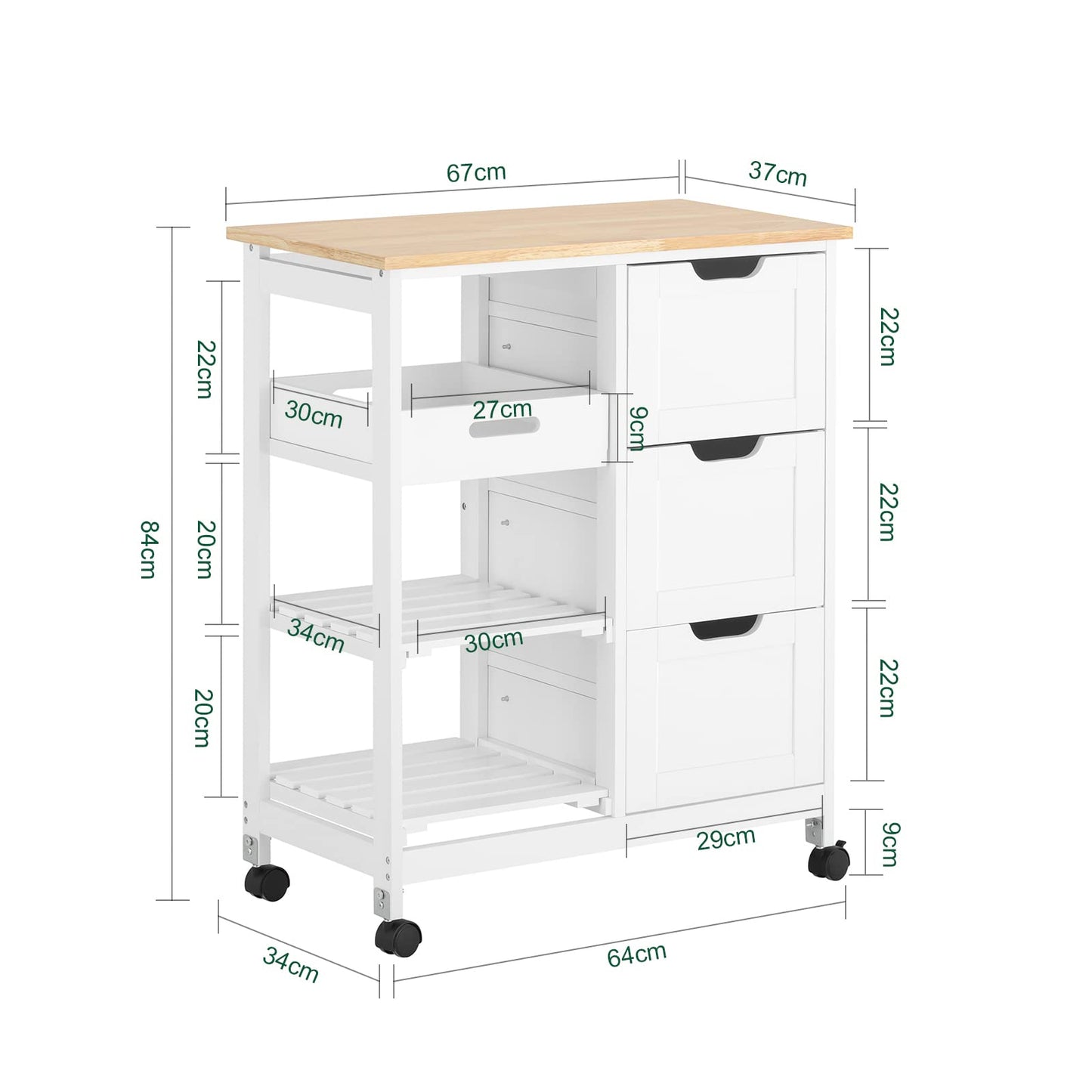 SoBuy Carro de Almacenamiento/Mueble Auxiliar de Cocina, Carrito de Servir, con 3 Cajones y 3 Estantes, Blanco, 68 x 38 x 85 cm