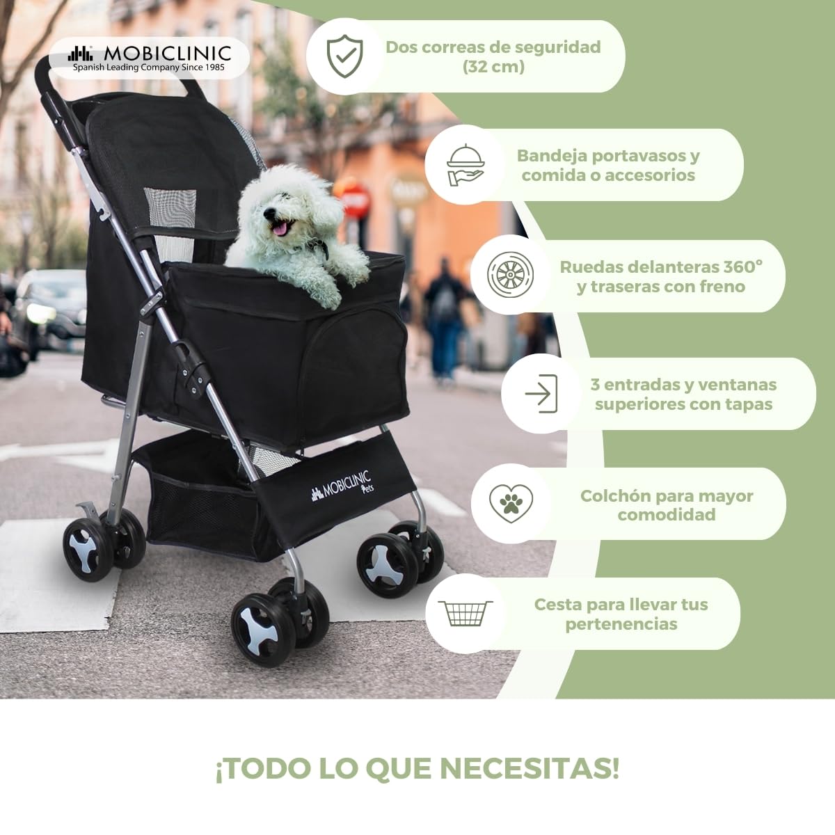 Mobiclinic® pets Carrito Plegable (Zuma), para Perros Pequeños/Senior, Hasta 15 kg, Ruedas 360º con Frenos, Cesta XXL, Negro