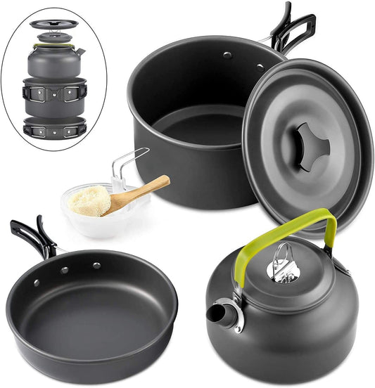 Qtiwe Utensilios de Cocina para Acampar (Camping Cookware Outdoor Libre), Ollas de Aluminio Ligero Plegables