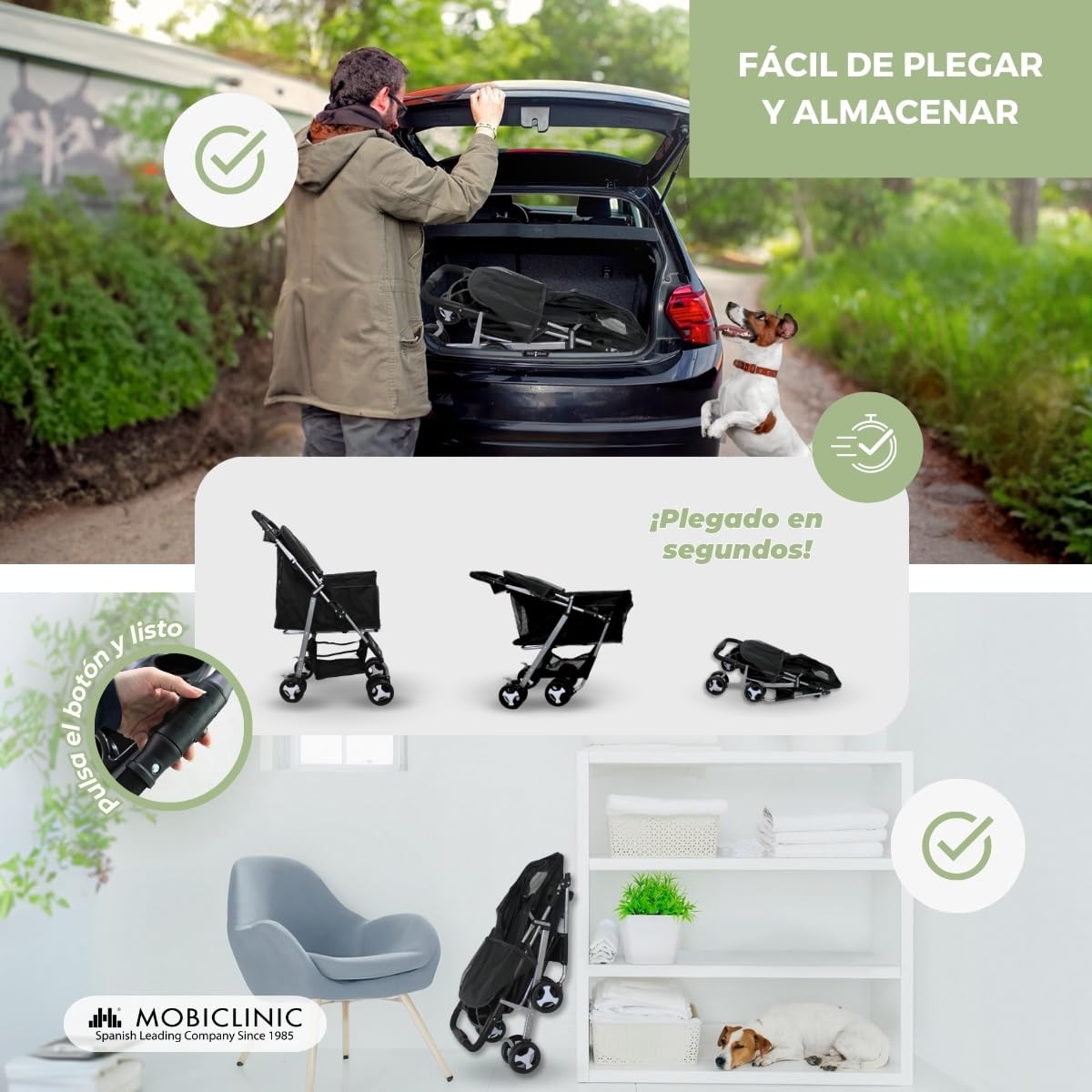 Mobiclinic® pets Carrito Plegable (Zuma), para Perros Pequeños/Senior, Hasta 15 kg, Ruedas 360º con Frenos, Cesta XXL, Negro