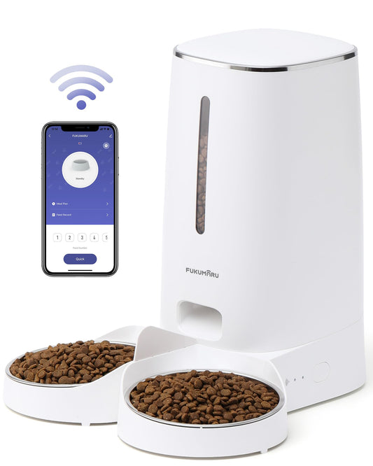 FUKUMARU Comedero Automático WiFi, 4L, con Dos Cuencos, Programa Personalizado, Funciona con Pilas/Cable Eléctrico, Blanco