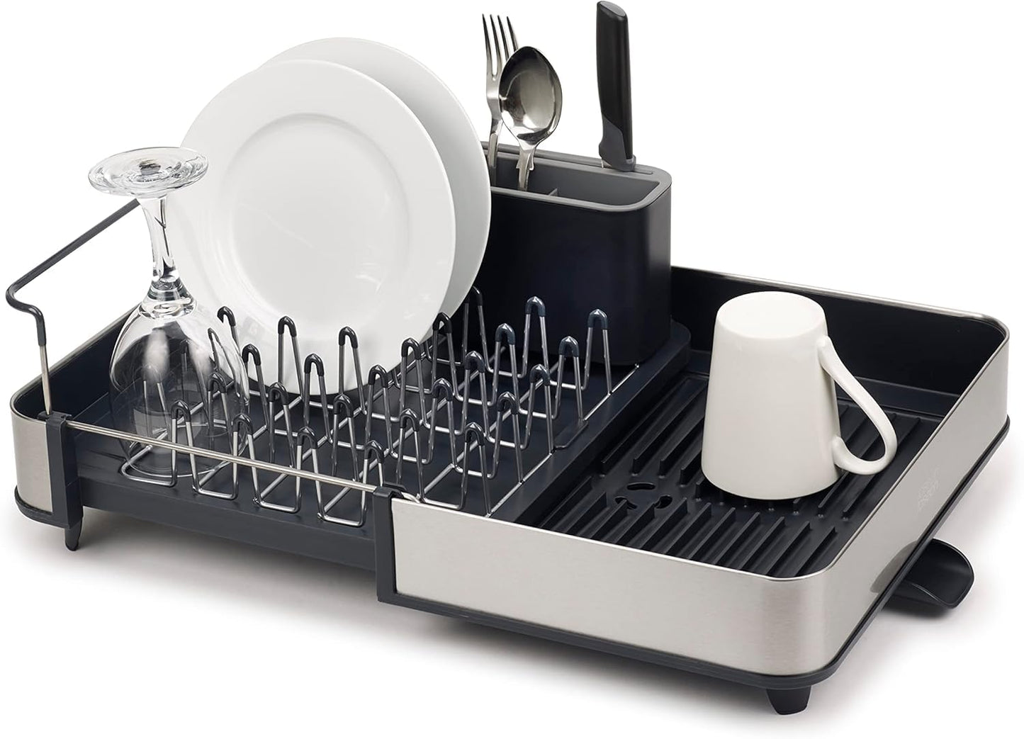 Joseph Joseph Escurridor Extensible en Acero Inoxidable, para Platos y Cubiertos, Bandeja de Drenaje Extraíble, Gris/Carbón