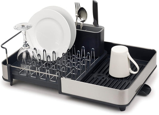 Joseph Joseph Escurridor Extensible en Acero Inoxidable, para Platos y Cubiertos, Bandeja de Drenaje Extraíble, Gris/Carbón