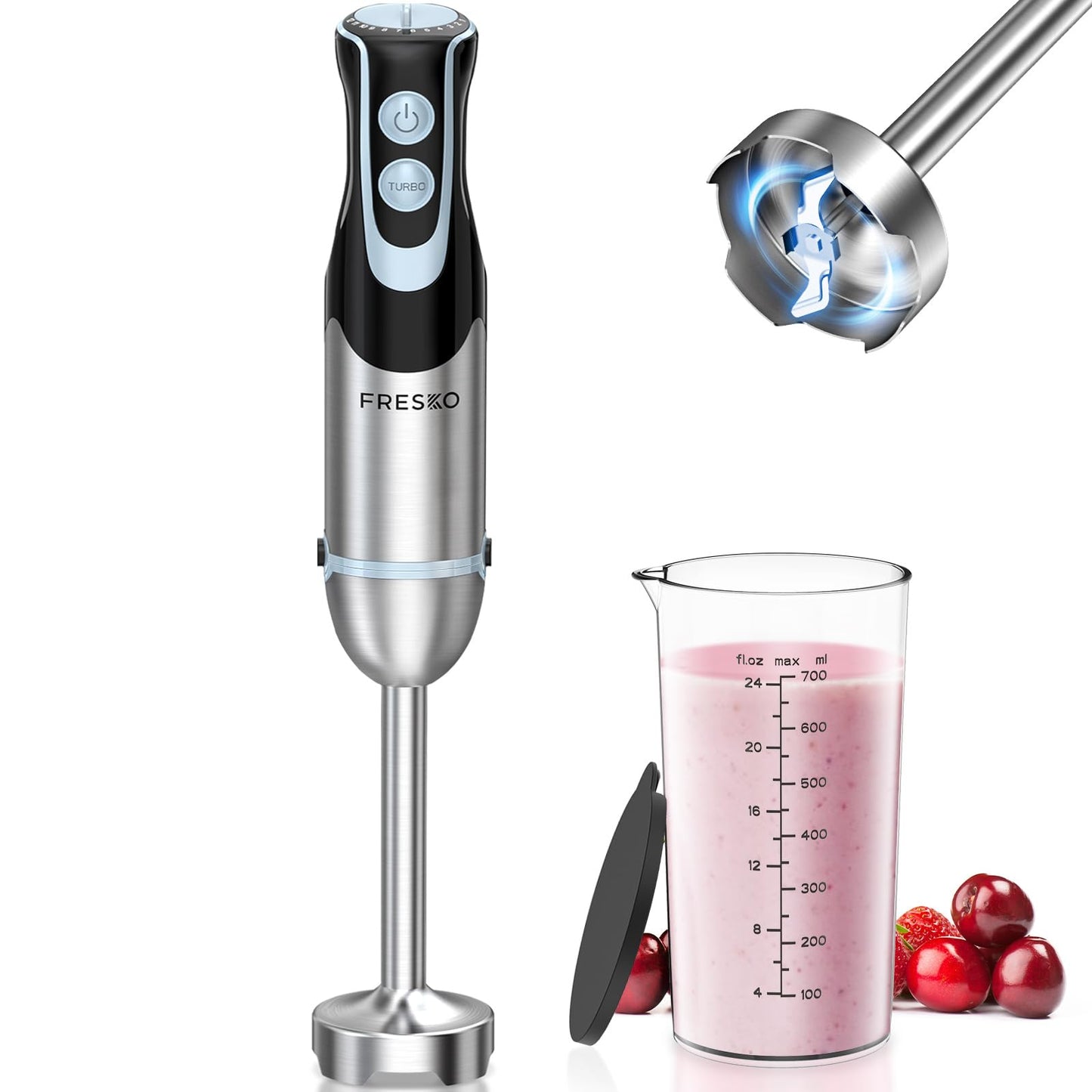 FRESKO Batidora de Mano, 1000W, 12 Velocidades + TURBO, Acero Inoxidable, Incluye Vaso Medidor 700ml