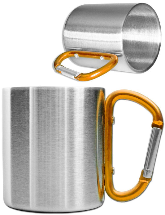Outdoor Saxx® Taza de Camping Resistente, Acero Inoxidable, Mango de Mosquetón, 250 ml (Plata/Naranja)