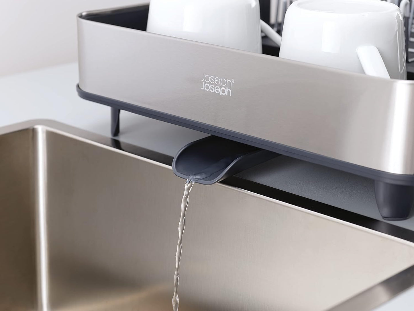 Joseph Joseph Escurridor Extensible en Acero Inoxidable, para Platos y Cubiertos, Bandeja de Drenaje Extraíble, Gris/Carbón