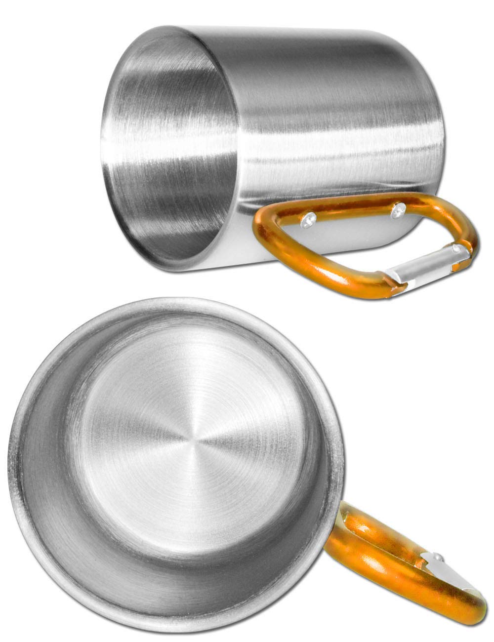 Outdoor Saxx® Taza de Camping Resistente, Acero Inoxidable, Mango de Mosquetón, 250 ml (Plata/Naranja)