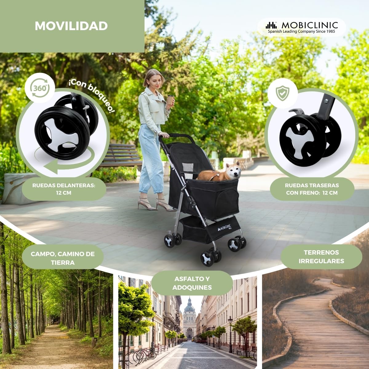 Mobiclinic® pets Carrito Plegable (Zuma), para Perros Pequeños/Senior, Hasta 15 kg, Ruedas 360º con Frenos, Cesta XXL, Negro