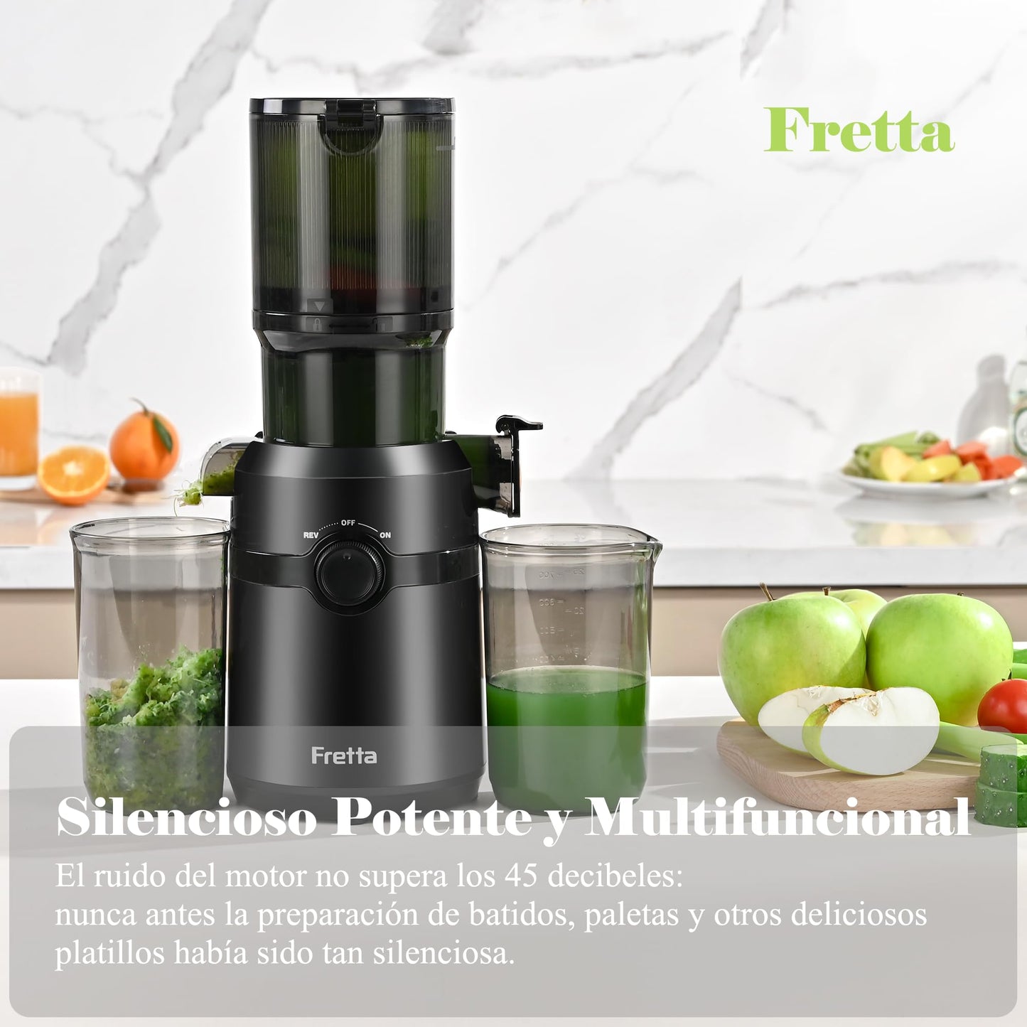 Fretta Extractor de Zumos (Licuadora Prensado en Frío), Apertura 108MM, 1L, 200W Slow Juicer, Fácil Limpieza, Negro