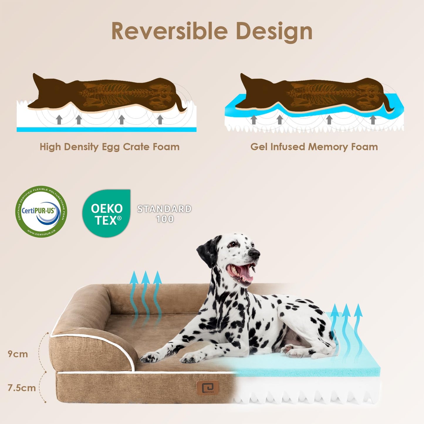 EHEYCIGA Cama Perro Grande (89x56x16cm), Colchón Impermeable Lavable, Espuma Viscoelástica, Sofá Desmontable, Camello