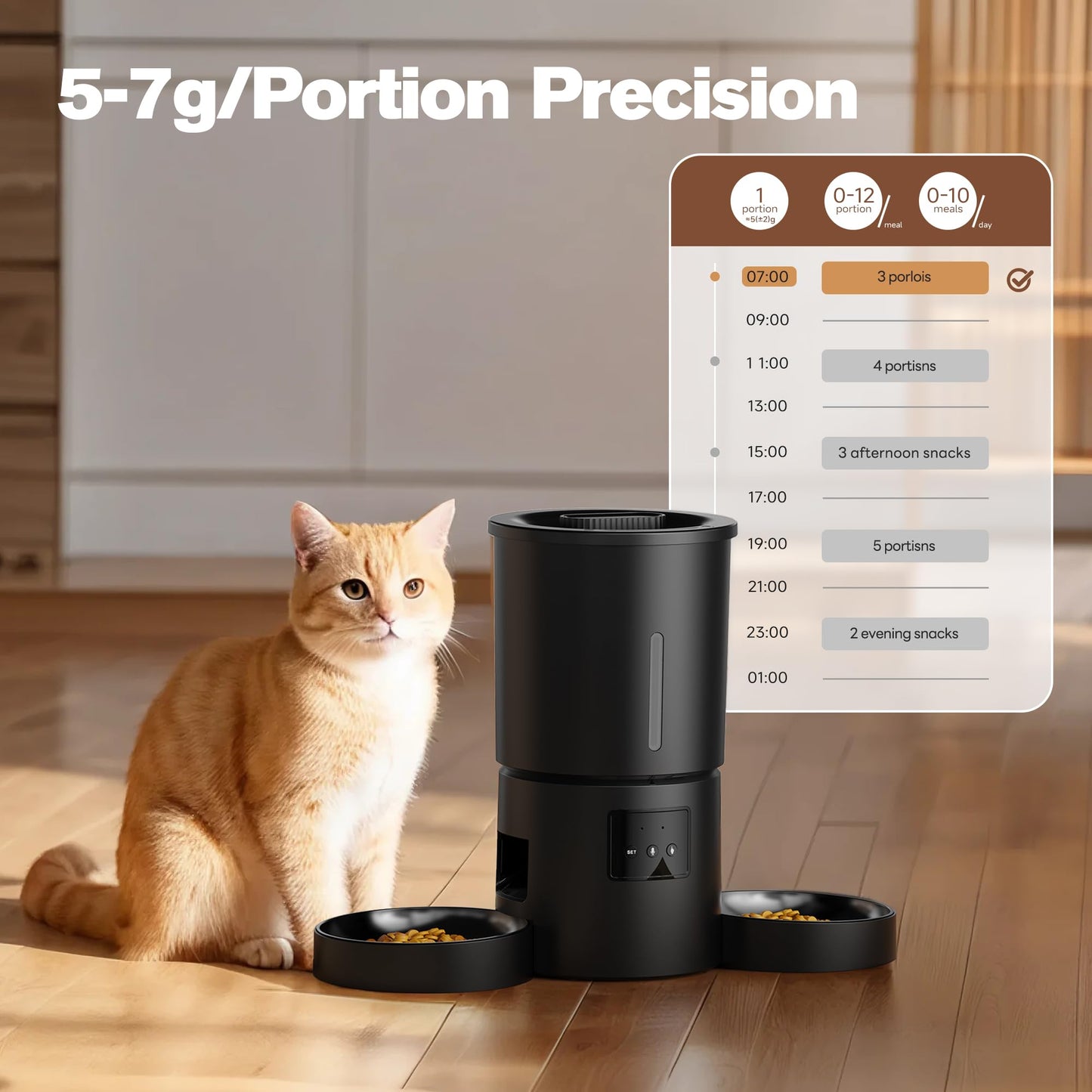 Comedero Gato Automático Doble & App, 5L Dispensador con WiFi 2.4G y Temporizador, para Múltiples Gatos/Perros, Negro