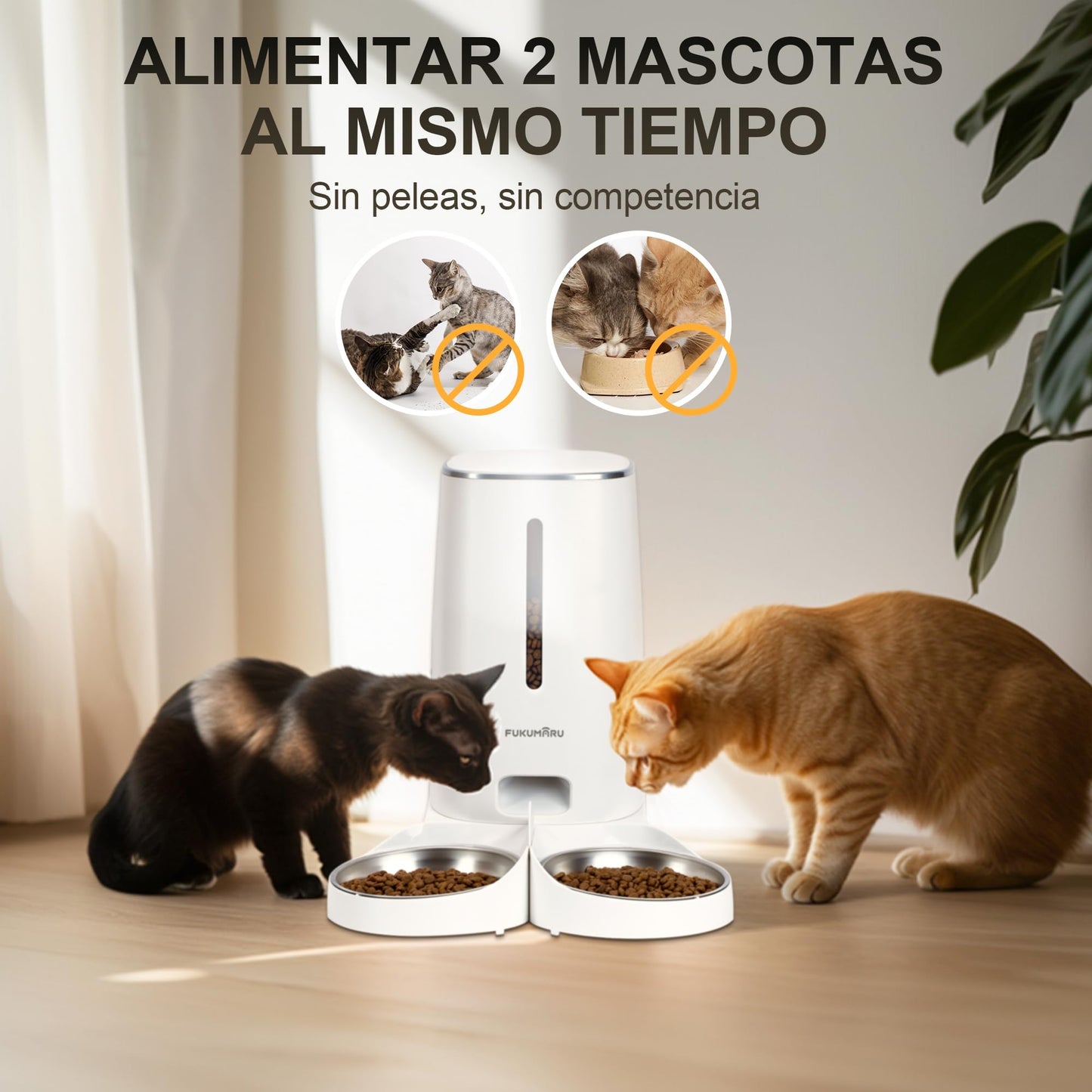 FUKUMARU Comedero Automático WiFi, 4L, con Dos Cuencos, Programa Personalizado, Funciona con Pilas/Cable Eléctrico, Blanco