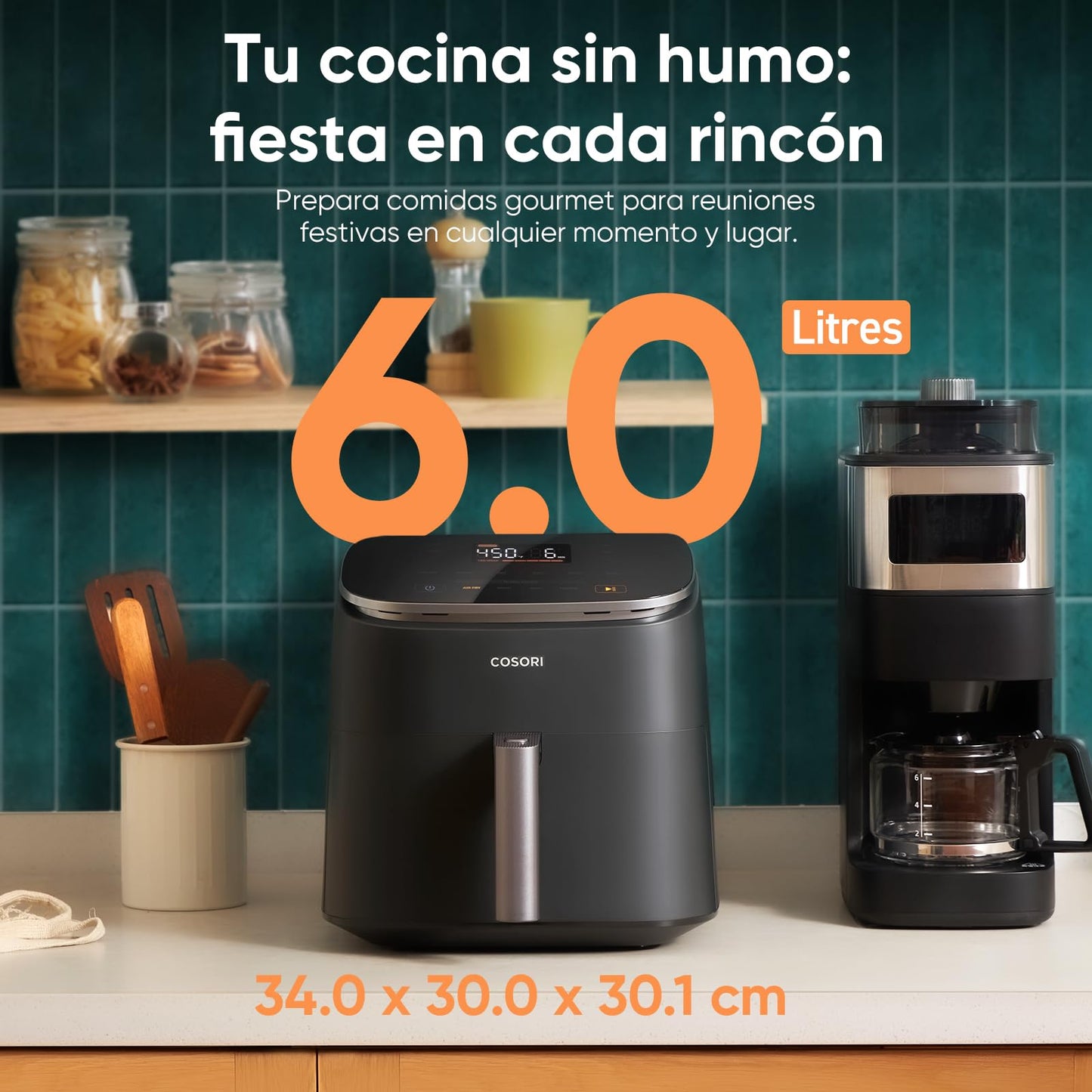 Cosori Freidora de Aire Turbo Blaze 6L, Interior Metálico, Motor DC Exclusivo, 46% Más Rápida, 30°C-230°C, Programas Completos, 27dB Silencioso