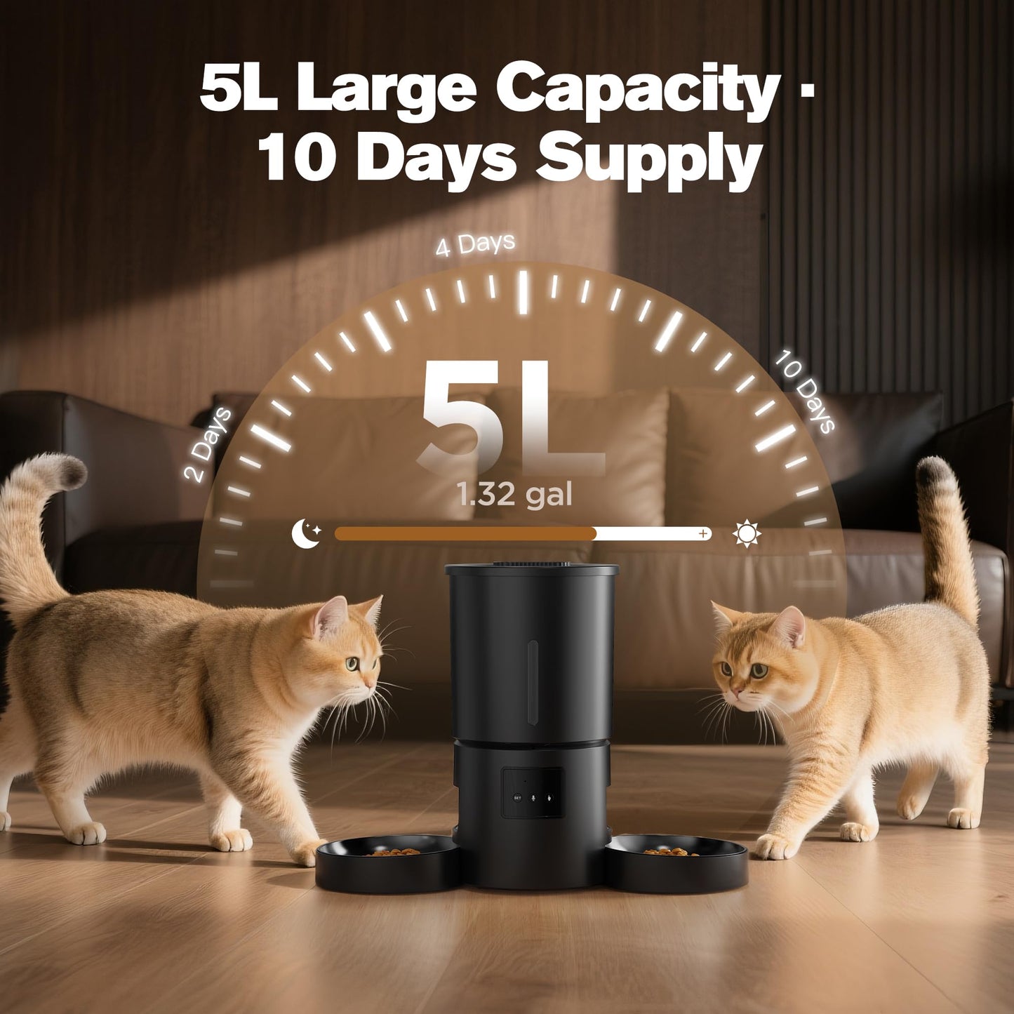 Comedero Gato Automático Doble & App, 5L Dispensador con WiFi 2.4G y Temporizador, para Múltiples Gatos/Perros, Negro