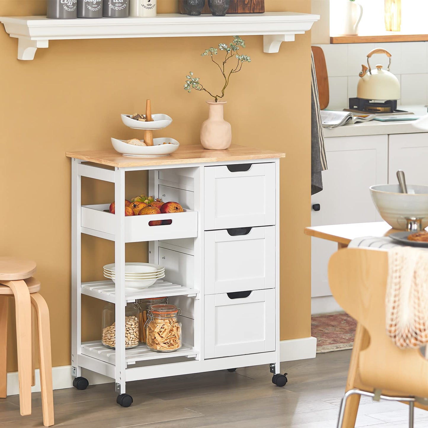 SoBuy Carro de Almacenamiento/Mueble Auxiliar de Cocina, Carrito de Servir, con 3 Cajones y 3 Estantes, Blanco, 68 x 38 x 85 cm