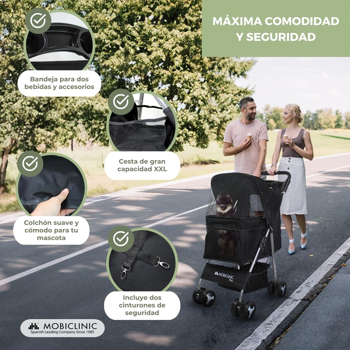 Mobiclinic® pets Carrito Plegable (Zuma), para Perros Pequeños/Senior, Hasta 15 kg, Ruedas 360º con Frenos, Cesta XXL, Negro
