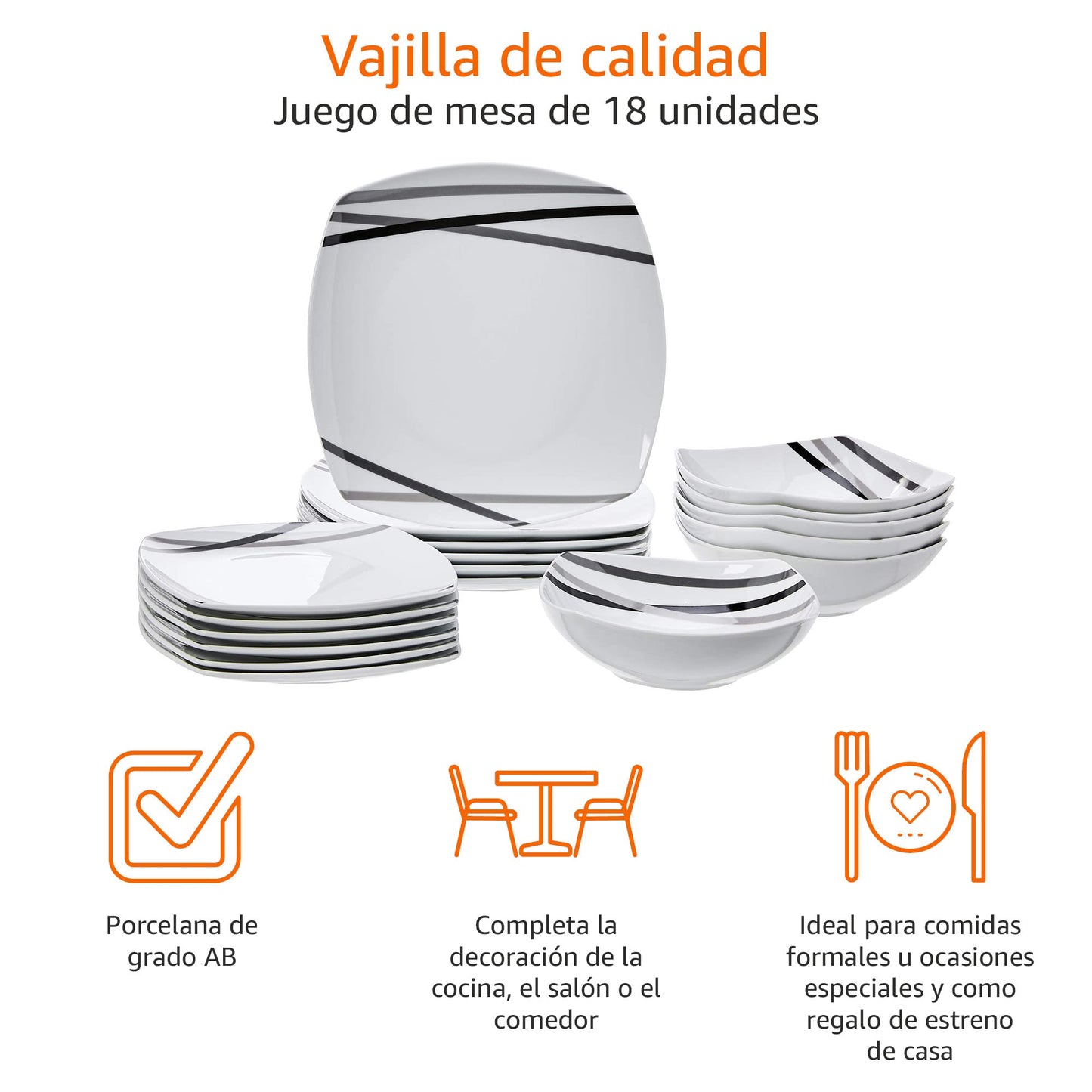 Vajilla 18 Unidades, Líneas Modernas, 6 Servicios