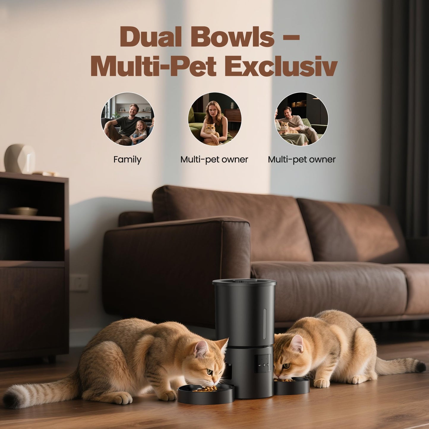 Comedero Gato Automático Doble & App, 5L Dispensador con WiFi 2.4G y Temporizador, para Múltiples Gatos/Perros, Negro