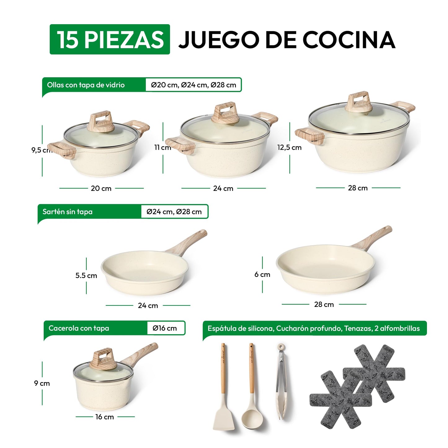 JUST PERFECTO Batería de Cocina 15 Piezas, Inducción, Antiadherente, Libre de PTFE/PFOA, Beige