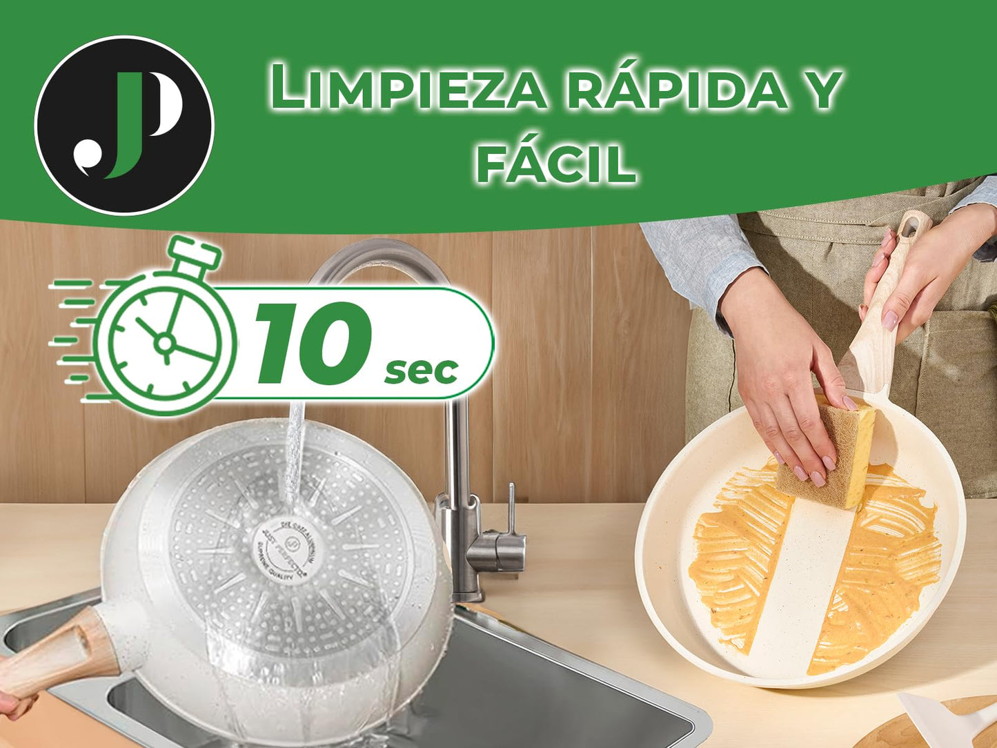 JUST PERFECTO Batería de Cocina 15 Piezas, Inducción, Antiadherente, Libre de PTFE/PFOA, Beige