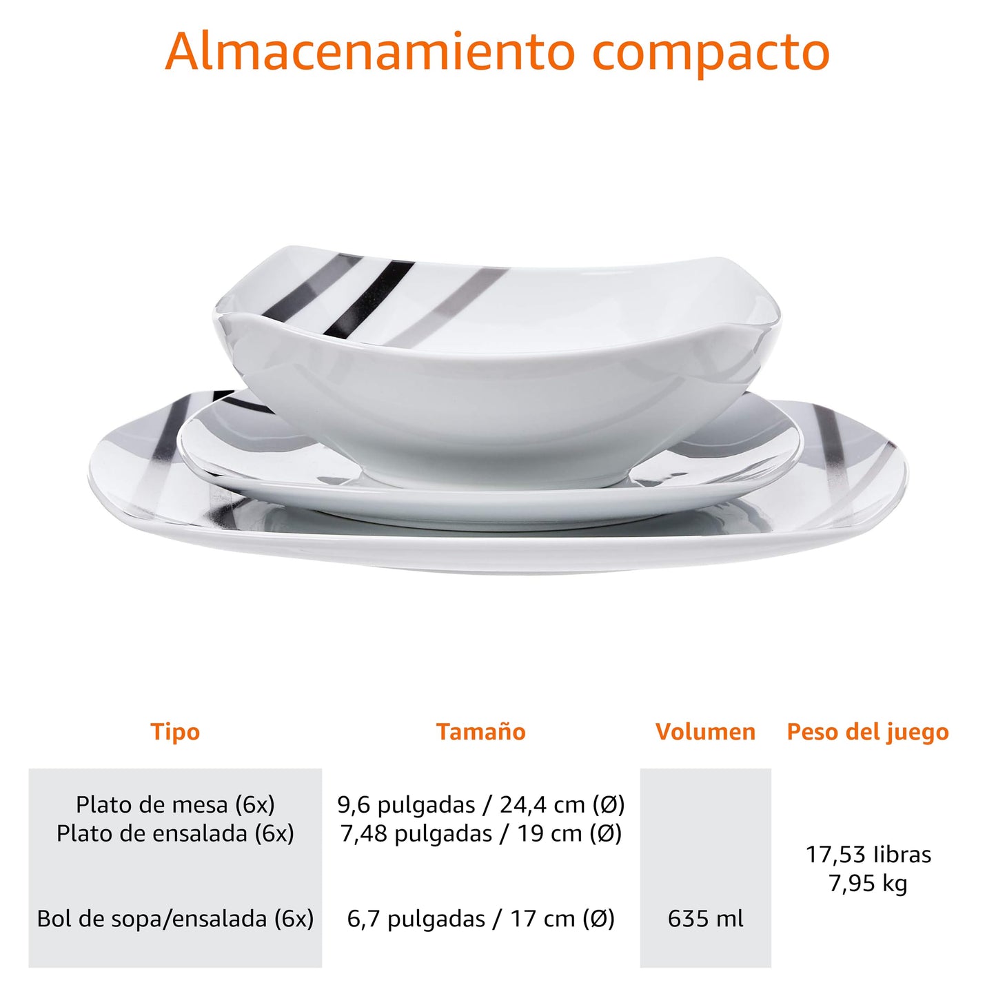 Vajilla 18 Unidades, Líneas Modernas, 6 Servicios