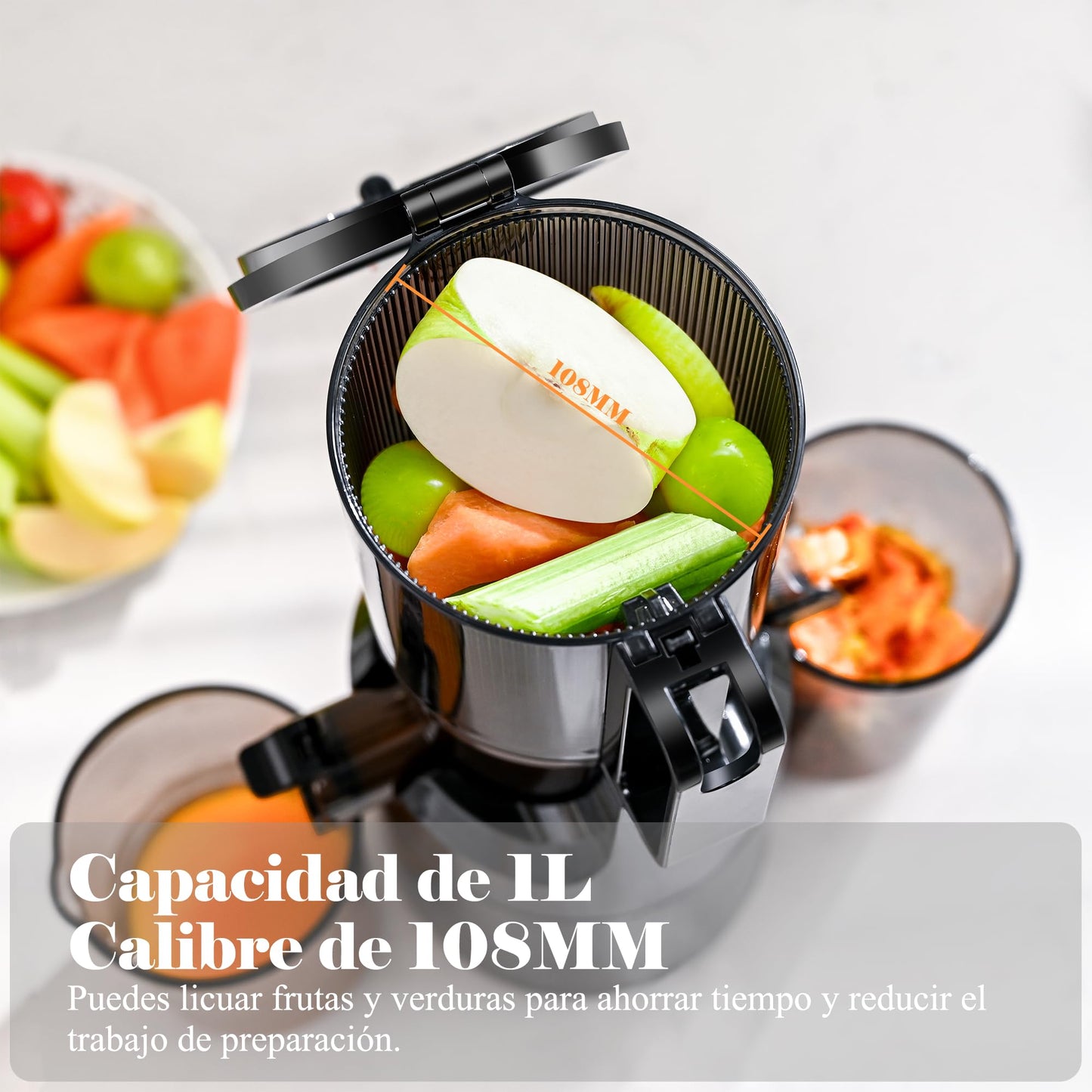 Fretta Extractor de Zumos (Licuadora Prensado en Frío), Apertura 108MM, 1L, 200W Slow Juicer, Fácil Limpieza, Negro