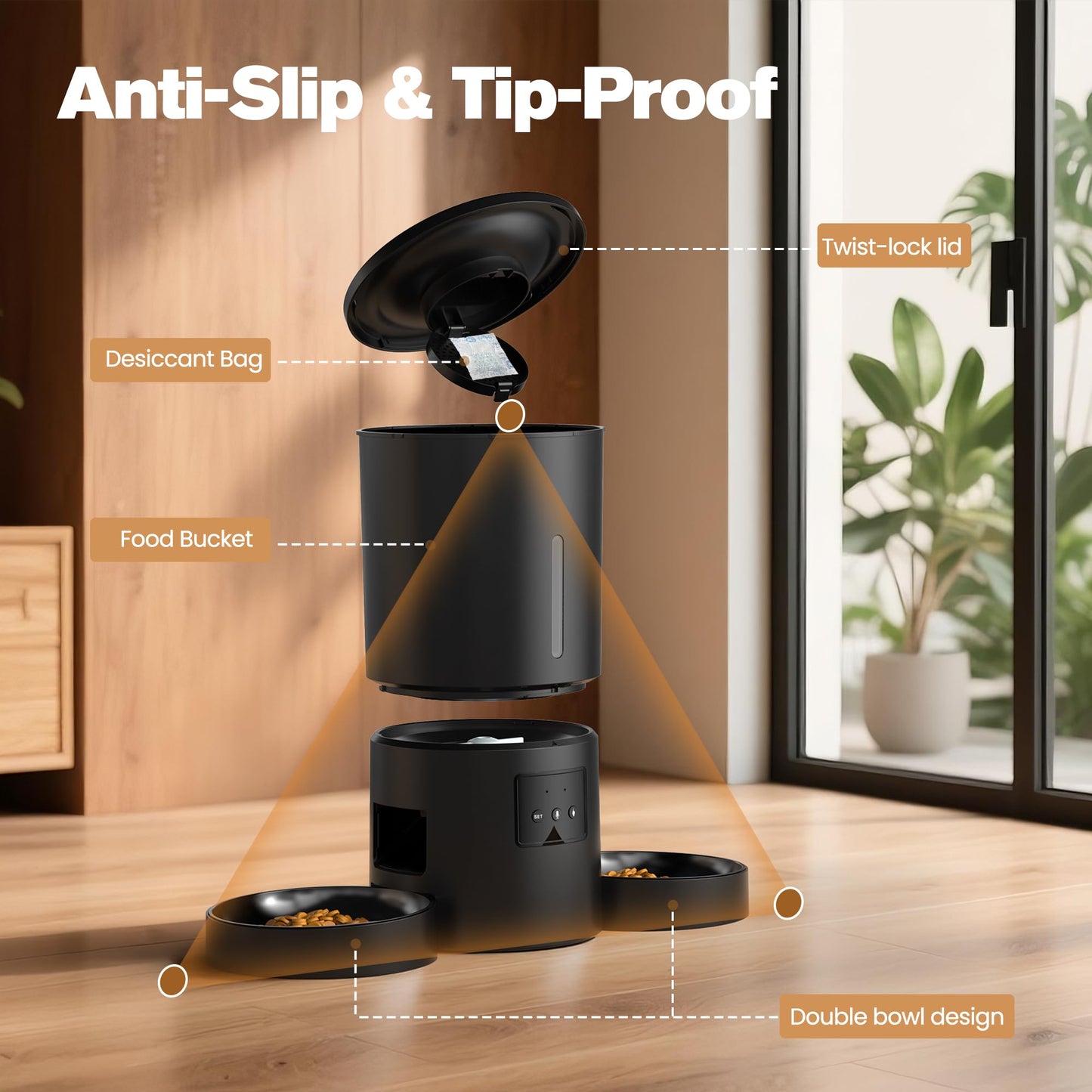 Comedero Gato Automático Doble & App, 5L Dispensador con WiFi 2.4G y Temporizador, para Múltiples Gatos/Perros, Negro