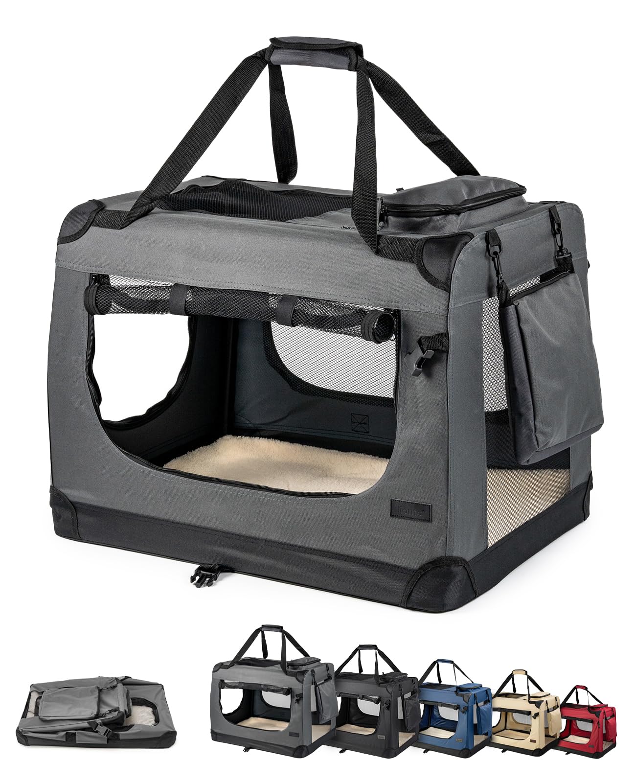 lionto Transportín Plegable para Perros, Bolsa Transportín/Autobox, 70x52x50 cm (Talla L), Gris