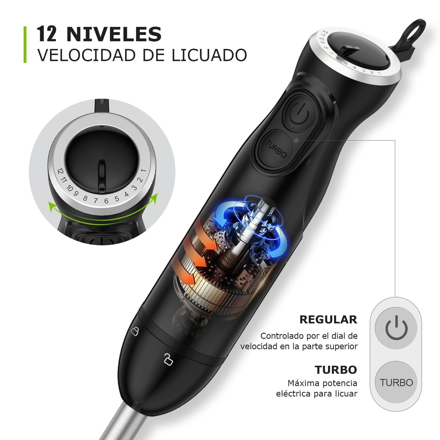 Bonsenkitchen Batidora de Mano, Acero Inoxidable 1000 W, Velocidades Variables, para Sopa, Batidos, Puré, Negro
