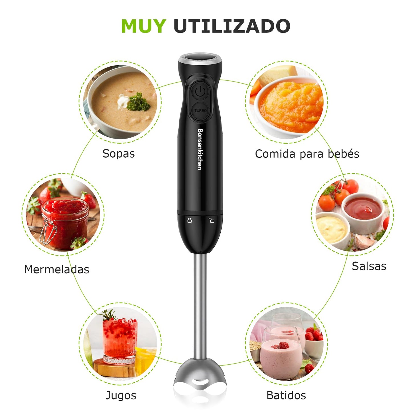Bonsenkitchen Batidora de Mano, Acero Inoxidable 1000 W, Velocidades Variables, para Sopa, Batidos, Puré, Negro