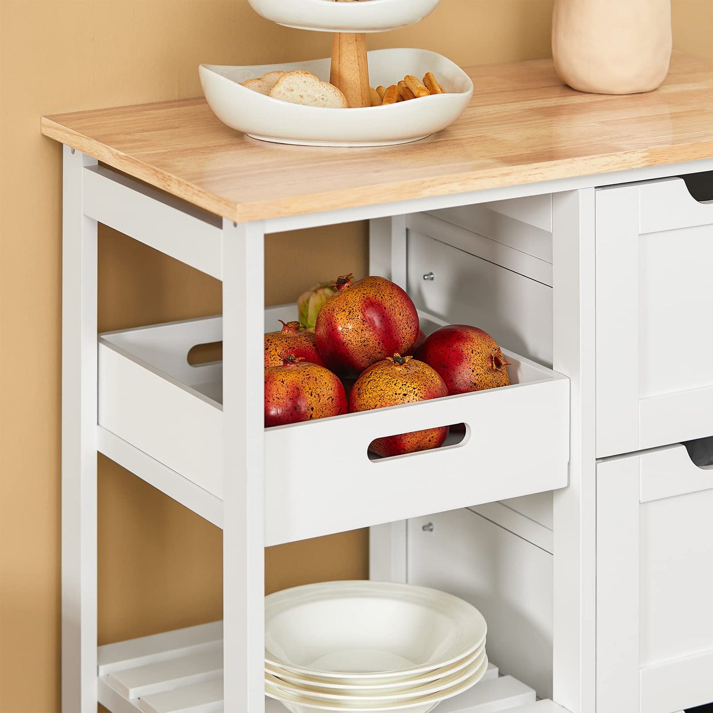SoBuy Carro de Almacenamiento/Mueble Auxiliar de Cocina, Carrito de Servir, con 3 Cajones y 3 Estantes, Blanco, 68 x 38 x 85 cm