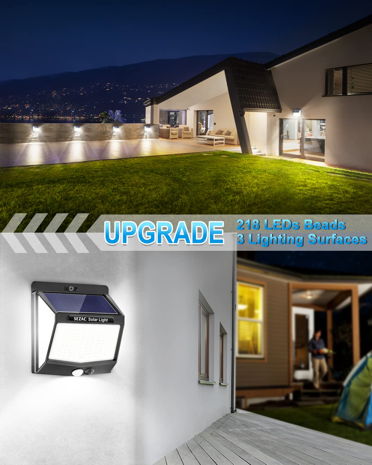 SEZAC Luz Solar Exterior (6 Paq.), 3 Modos, 270°, Sensor de Movimiento, IP65