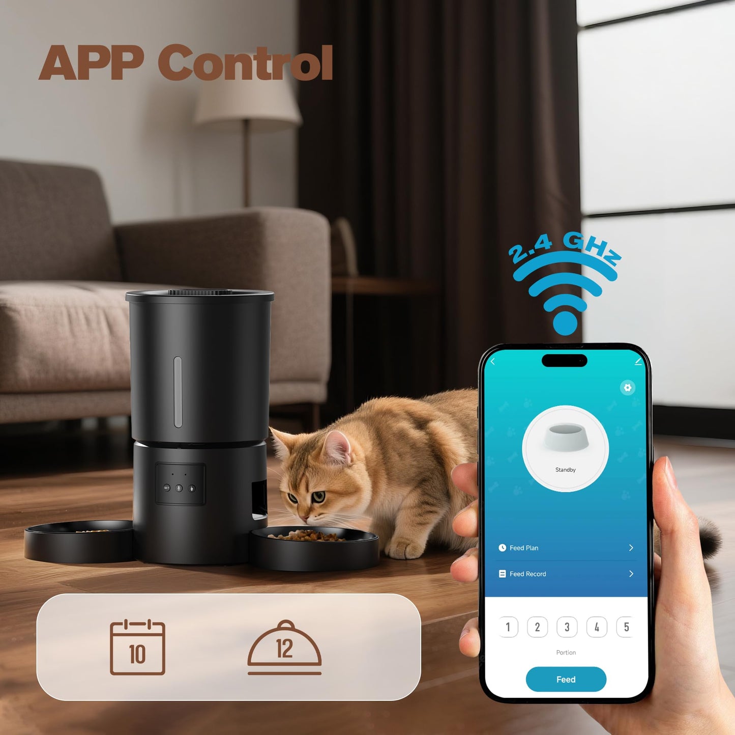 Comedero Gato Automático Doble & App, 5L Dispensador con WiFi 2.4G y Temporizador, para Múltiples Gatos/Perros, Negro