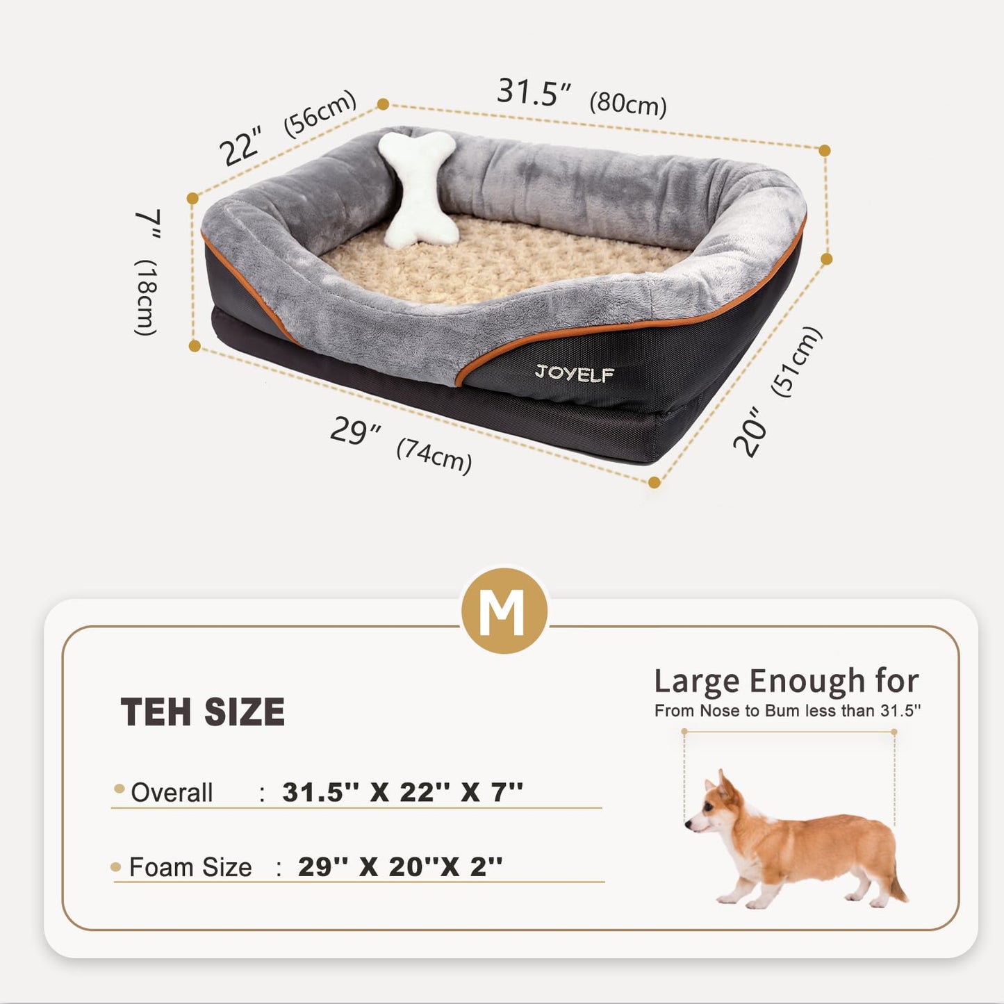 JOYELF Cama Mediana para Perros, Espuma Viscoelástica, Ortopédica y Sofá, Funda Extraíble Lavable, Incluye Juguete Chirriador