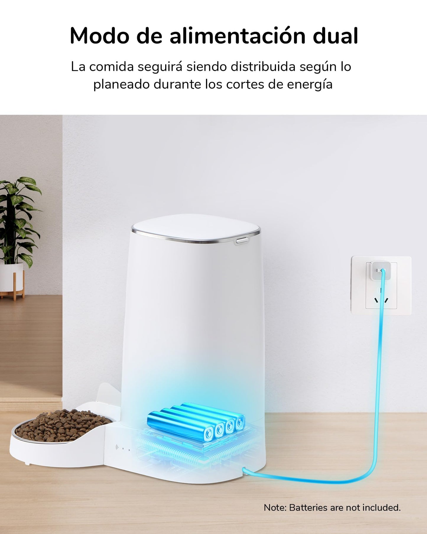 FUKUMARU Comedero Automático WiFi, 4L, con Dos Cuencos, Programa Personalizado, Funciona con Pilas/Cable Eléctrico, Blanco