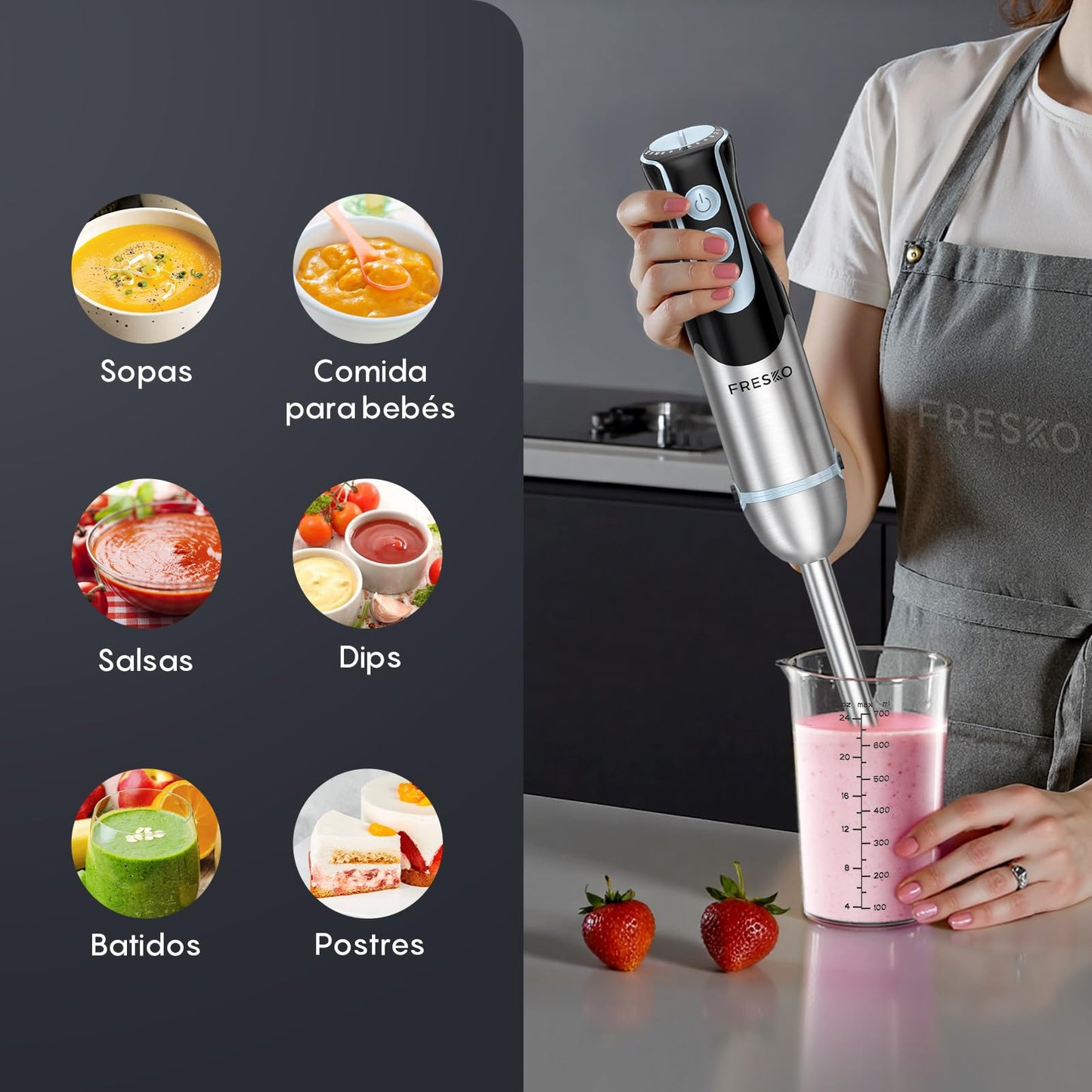 FRESKO Batidora de Mano, 1000W, 12 Velocidades + TURBO, Acero Inoxidable, Incluye Vaso Medidor 700ml