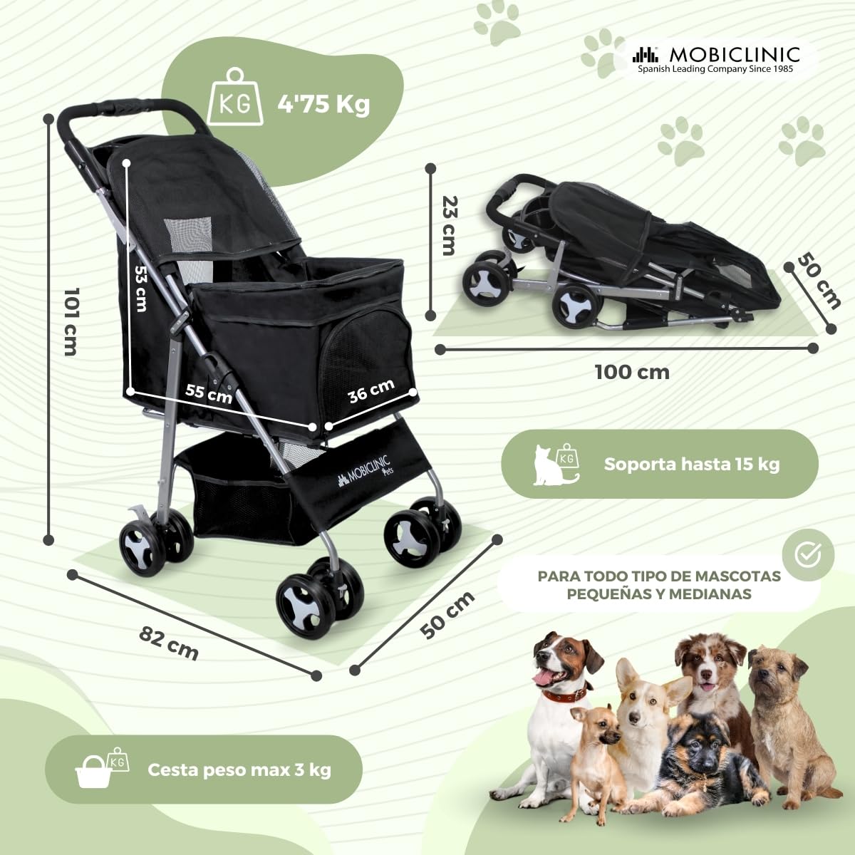 Mobiclinic® pets Carrito Plegable (Zuma), para Perros Pequeños/Senior, Hasta 15 kg, Ruedas 360º con Frenos, Cesta XXL, Negro