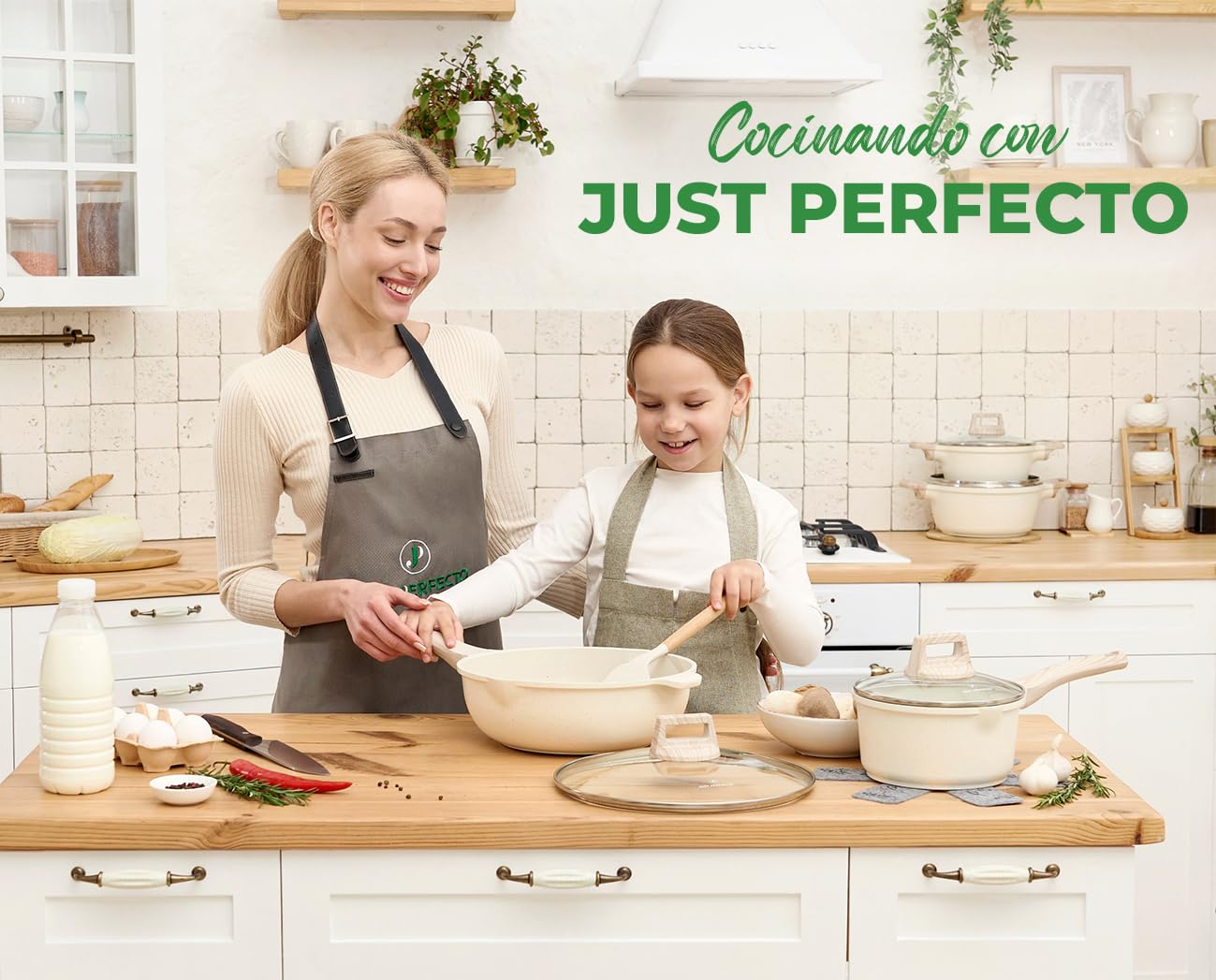 JUST PERFECTO Batería de Cocina 15 Piezas, Inducción, Antiadherente, Libre de PTFE/PFOA, Beige